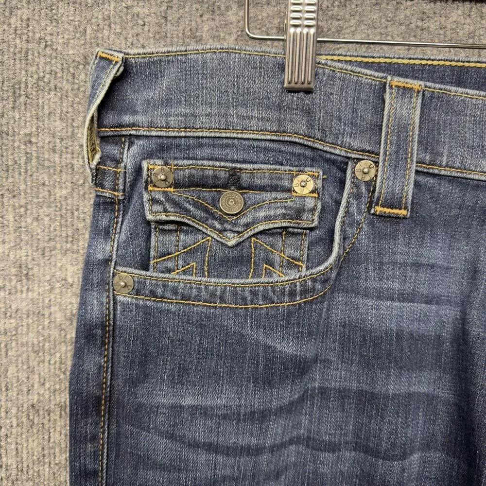 True Religion Ricky W/Flap Jeans Mens 38x26 Blue Relaxed Straight USA Short Hem